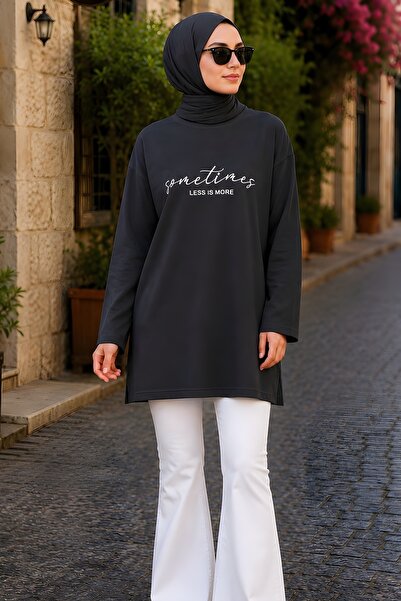 İmajButik Black Crew Neck Printed Single Jersey Tunic
