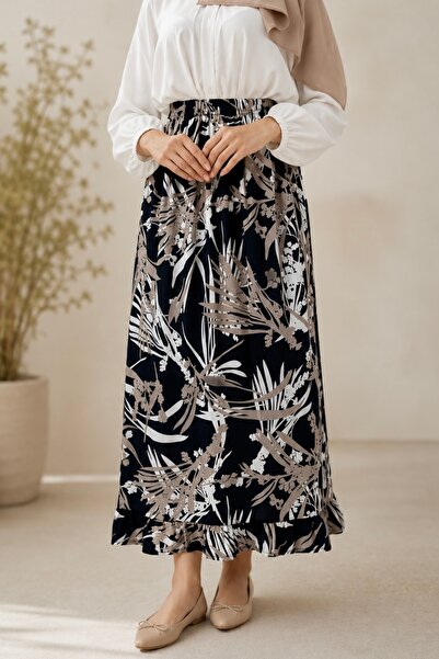 İmajButik Navy Blue Patterned Viscose Skirt with Elastic Waist