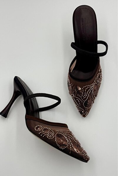 DefHeel'e Sequin Detailed Elastic Thin Heeled Shoes Stiletto Bitter Brown