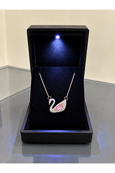 shop IŞIKLI KUTUDA GOLD RENK PEMBE TAŞLI KUĞU KOLYE ÇELİK