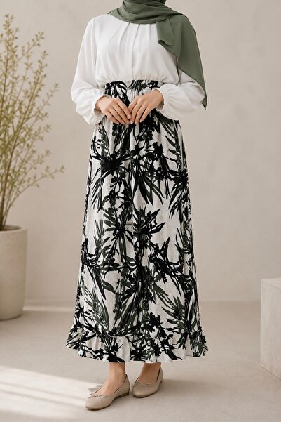 İmajButik Green Patterned Viscose Skirt with Elastic Waist