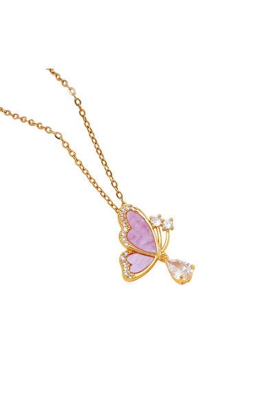 Black Season Gold Plated Zircon and Shell Butterfly Necklace