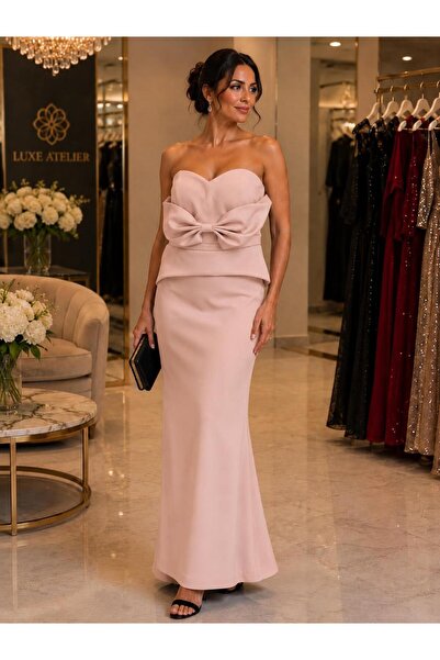 renk abiye Strapless Big Bow Detail Long Evening Dress 5382