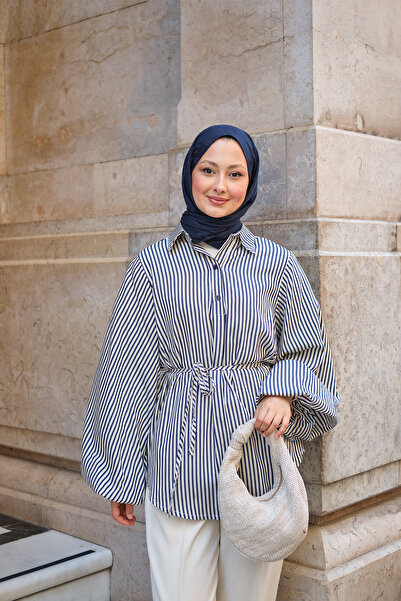 LOCCO Women's Half Button Detail Balloon Sleeve Waist Tie Shirt Navy Blue