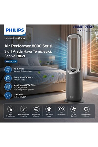 Philips ELVT Yapay Zeka Destekli 3'ü 1 Arada Hepa Isıtıcı Fan Akıllı Sensörlü Hava Temizleyici Cihaz Sessiz Koku Giderici Polen Toz Alerjen PM10