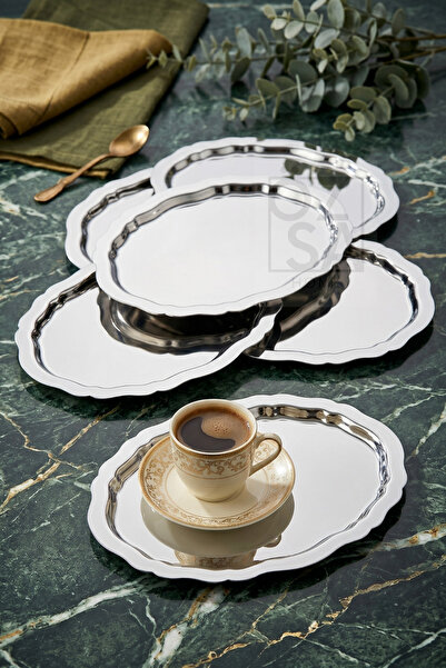 ÖzSa Home Ovally Lüx 6 Pieces 25X20 cm Stainless Steel Silver Color Tray Deco...