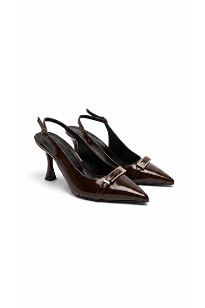 le NACAR Women's Brown Patent Leather Buckle Detailed Pointed Toe Heeled Shoes