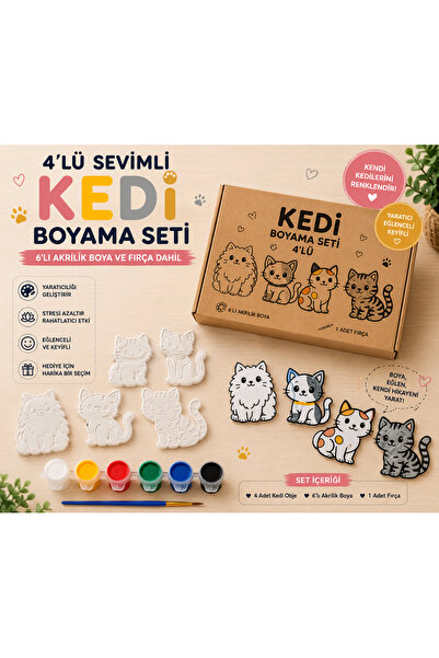 WeSank 4’lü Sevimli Kedi Boyama Seti | 6’lı Akrilik Boya ve Fırça Dahil | Eği...