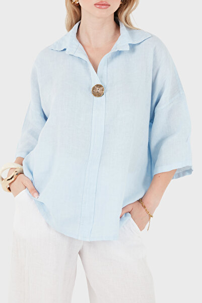 Via Dante Button Detailed Classic Collar Linen Blouse Bluz 6617528