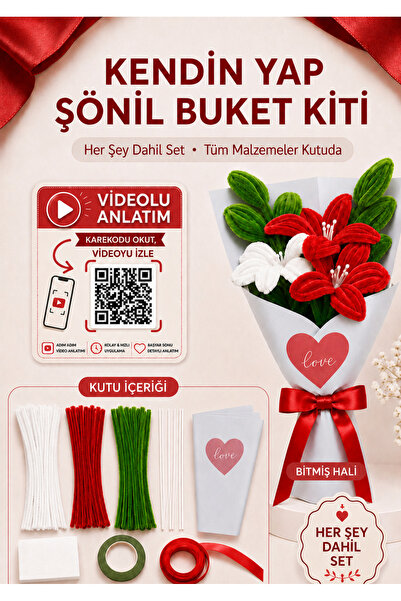 Bee Flower Shop Kırmızı Beyaz Lilyum Buketi Kendin Yap (DIY) Kiti | 65 Adet Ş...