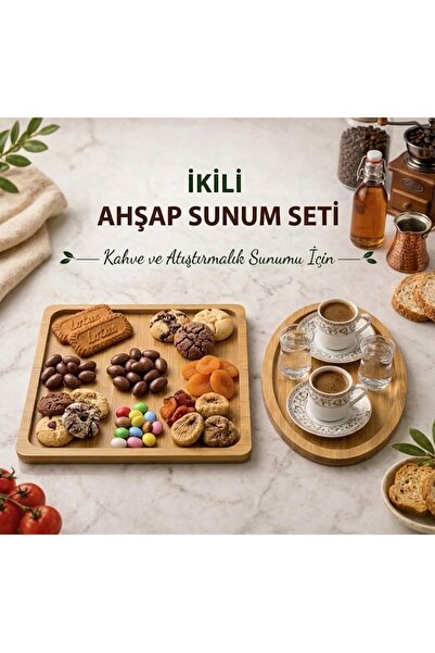 NUHA Ahşap ikili sunum seti, ikili tepsi set