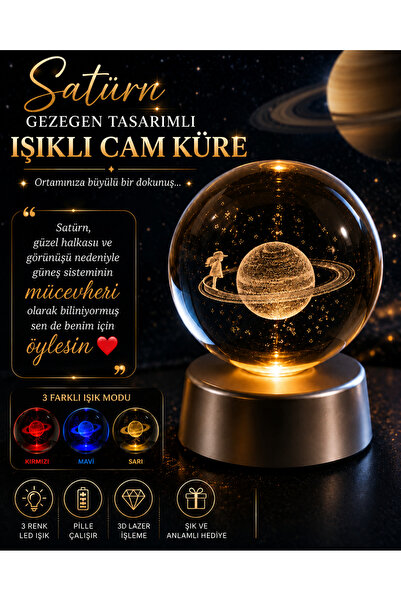 Saturn Hedixo Hediyem Satürn Gezegen Tasarımlı Işıklı Cam Küre 3D Kristal LED...