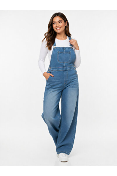 Chirkef Unisex Oversize Large Size Blue Salopet Jumpsuit Distressed Denim Fab...