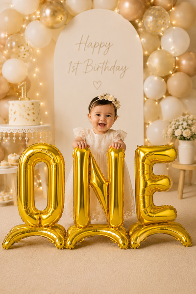 DODOMAR Gold Footed One Written 1 Year Old Foil Balloon Set 75 cm 32 Inch Bir...