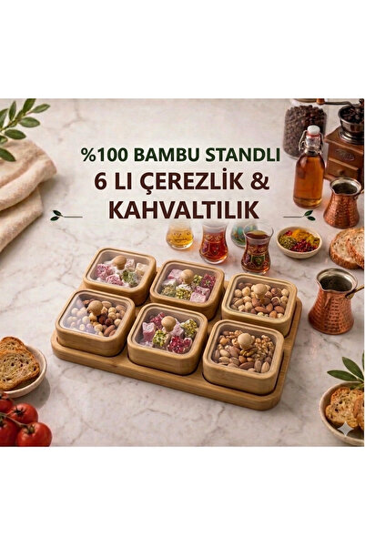 NUHA 6’lı Bambu top ayaklı Sosluk çerezlik ,Kahvaltılık sunum seti