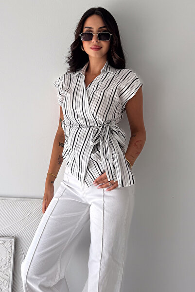 Noa&Noa Women's Striped Double Breasted Blouse with Tie Detail Short Sleeve S...