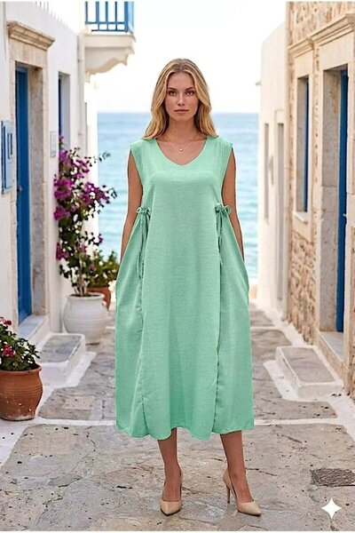 Cool & Sexy Green Lace-Up Linen Dress