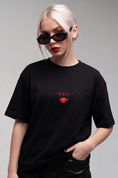 GIA - ART Tricou oversize pentru femei, negru, cu imprimeu Spicy Lips – Decol...