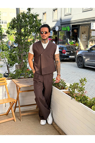 manch collection Linen Vest Baggy Trousers Set Brown