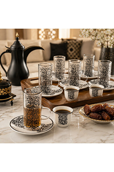 Dania ☕ ✨   Luxury 18Pcs Black Arabic Calligraphy Design Glass Tea Cups & Sau...