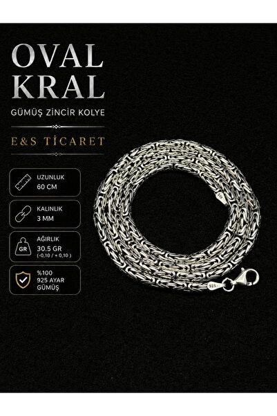 E&S Ticaret Kral Zincir Kolye Oval 3mm 925 Ayar Gümüş 60cm