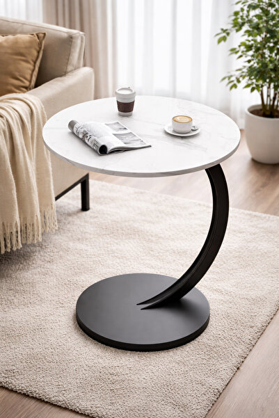 OEM Măsuță de cafea rotundă, design modern tip C, blat alb și cadru metalic n...