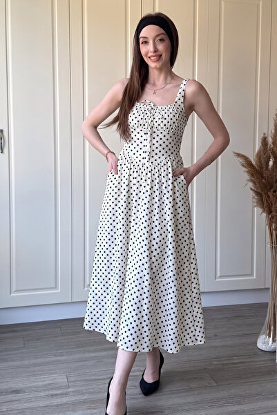 Dilay Gökoğlu Butik Polka Dot Strappy Flared Midi White Dress