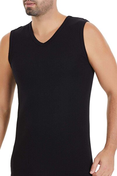 YILDIZ Ribana V-Neck Zero Sleeve Men's Undershirt Black 100% Cotton 3-Pack