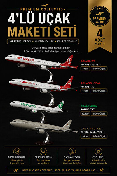 Genel Markalar 4’Lü uçak maketi seti - atlasjet + transavia + uae savaş uçağı...