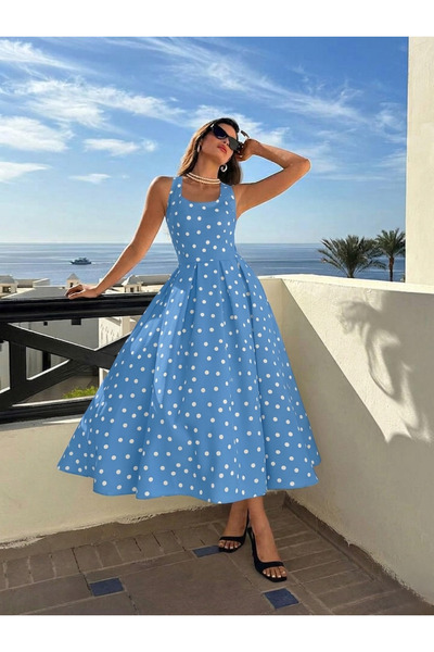 mass fashion Kadın Puantiye Desenlı Uzun Asklı Elbise