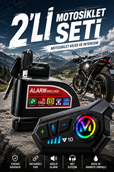 Zineets 2Lİ PAKET Alarmlı Disk Kilidi Ve Kask İntercom Kulaklık Motorsiklet M...