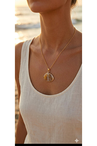 MODA MANANI Oyster Model Brown Yellow Striped Gold Women's Necklace