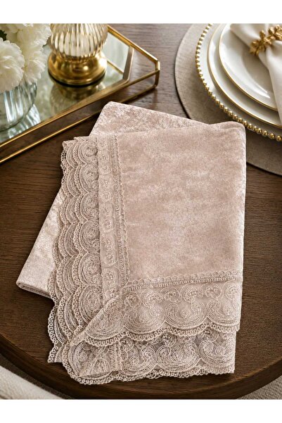 çeyizköşesi Luxury Velvet Tablecloth with French Guipure