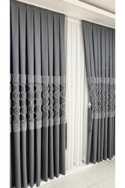 Fon Dünyası Luxurious Linen Textured Feathered Gray Panel Background Curtain (Single Panel)