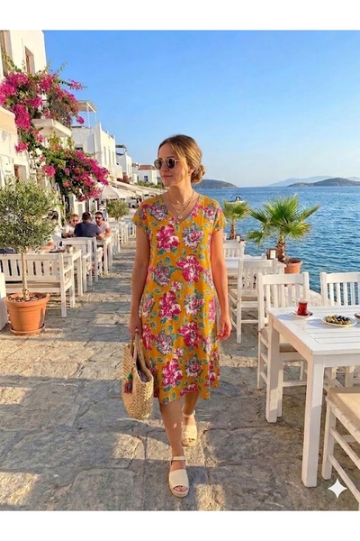 AYASOFYA OTANTIK Women's Ethnic Patterned Short Sleeve Midi Dress