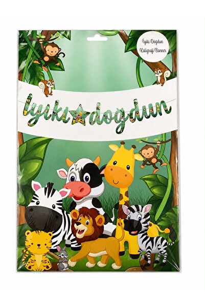 BG Cartoon Animal Themed Happy Birthday Written Calligraphy Banner