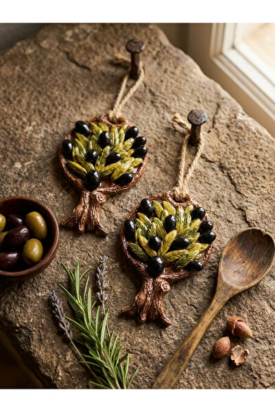 Ahşap Evi 2Li El Yapımı 15x10 cm Seramik Zeytin Ağacı Bereket Duvar Süsü-Deko...
