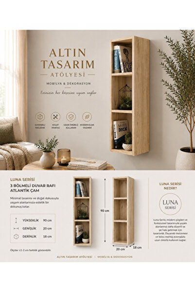 Altın Tasarım Atölyesi Luna Serisi 3 Bölmeli Duvar Rafı - Atlantik Çam - 90 c...