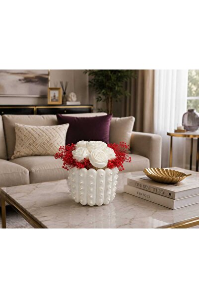 Karra Art Handmade Concrete Vase with Pearls White Rose Soap and Cipso Flower...