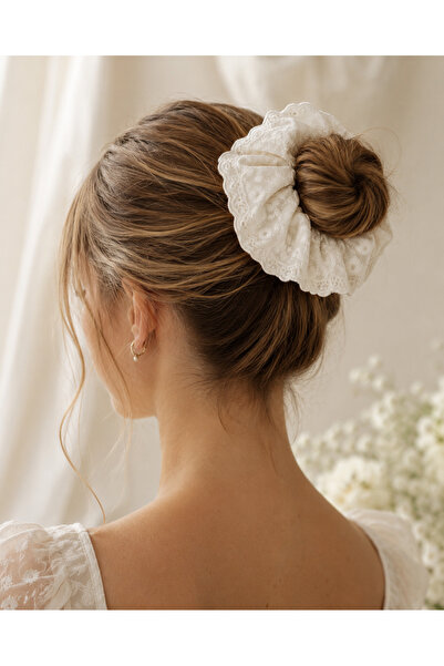 chipiques Scrunchie din bumbac cu volane brodate, cu strat dublu, de dimensiu...
