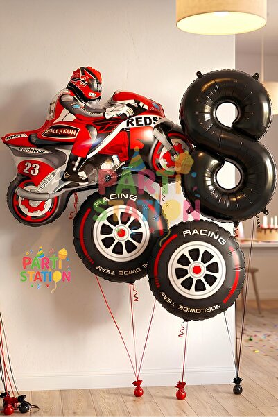 Parti Station Motorcycle Themed 8 Year Old Foil Balloon Set 4 Piece Motorcycl...