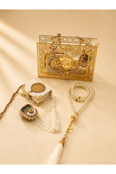 Uğurlu Hac Plexy Bag with Stones Mini Quran Zi̇ki̇r Mati̇k Pearl Tesbi̇h Set