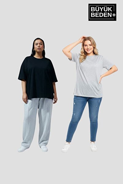 Superlife طقم تي شيرت نسائي أساسي برقبة دائرية مقاس كبير مكون من قطعتين SPR26...