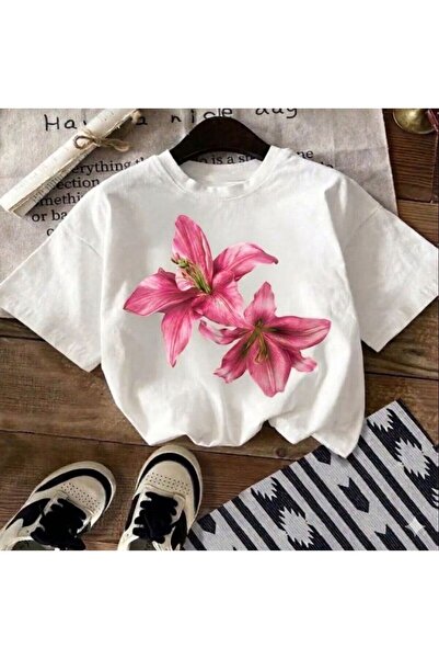LELVANİ Women's Red Lily Flower Printed T-Shirt