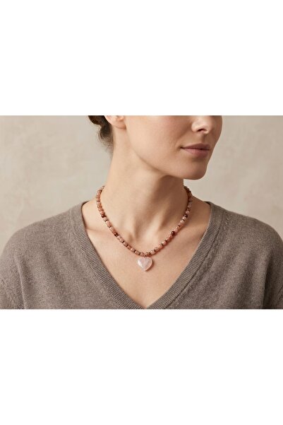 adiyak Pink Quartz Heart Pointed Strawberry Quartz Natural Stone Women's Neck...
