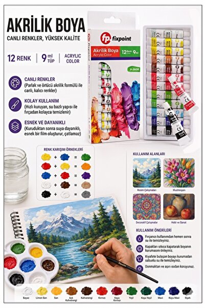 Artmaster Akrilik Boya 12 Renk 9ml Tüp 1 Adet Fixpoint P-3608 12 li Akrilik B...