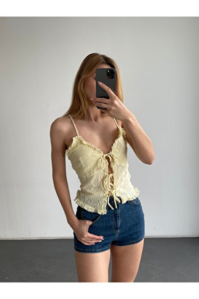 Friday Mood Lace Textured Front Tie Strap Blouse