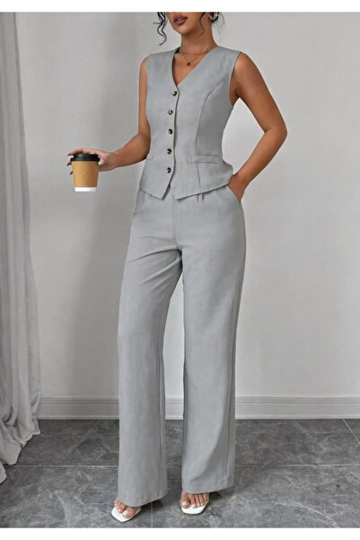 Little Visqon Women's Front Buttoned Linen Vest and Trousers Two-Piece Set