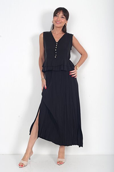 By Saygı Women's Front Metal Buttoned Ruffled Sleeveless Blouse Elastic Waist...