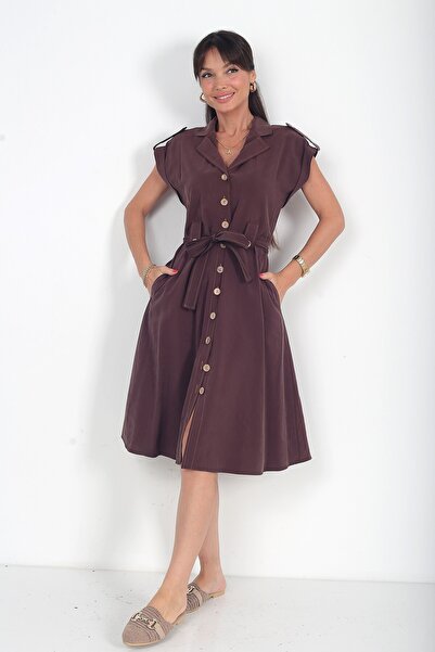 By Saygı Women's Buttoned Front Modal Midi Safari Dress with Pockets